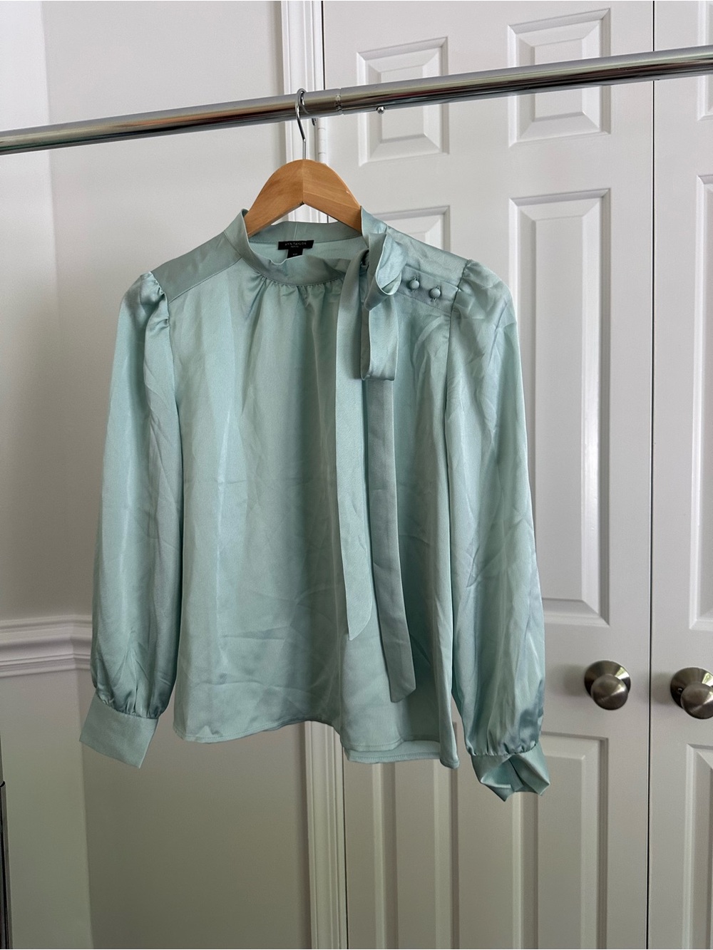 Ann Taylor Light Seafoam Satin Bow Tie-Neck Work Blouse